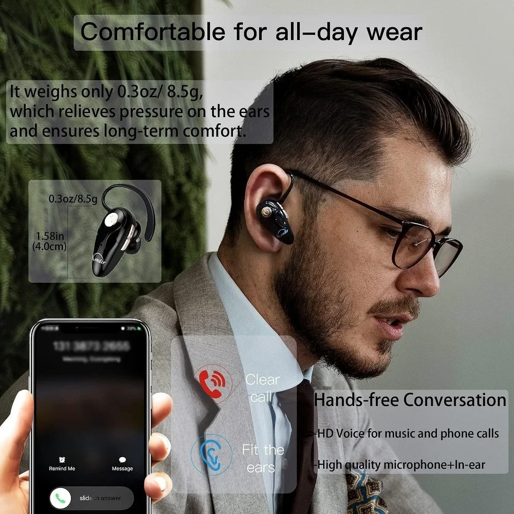 Kendir Wireless Headset K1 Bluetooth V5.0 Ultralight Cell Phone Earpiece w/ Mic